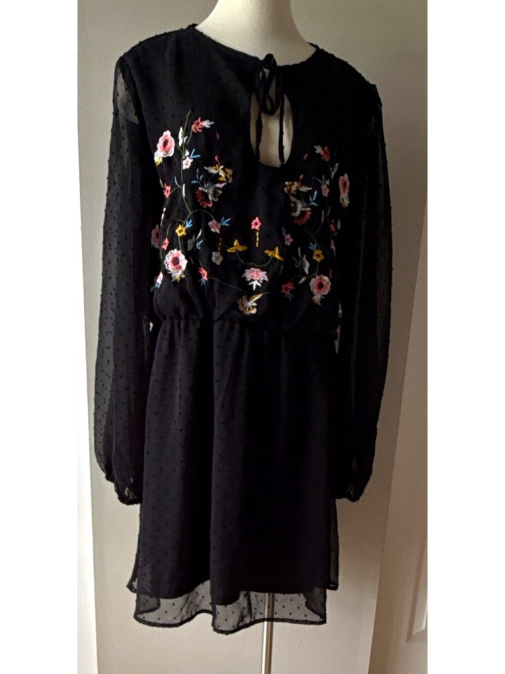 boohoo Black Floral Embroidered Chiffon Fit & Flare Long Sleeve Dress 20